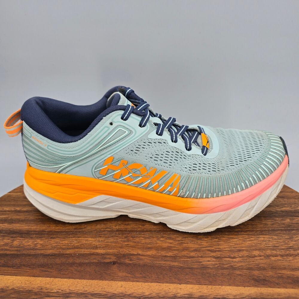 Hoka One One Bondi 7 Shoes Womens 6.5 Blue Haze Orange Athletic Walking Sneakers